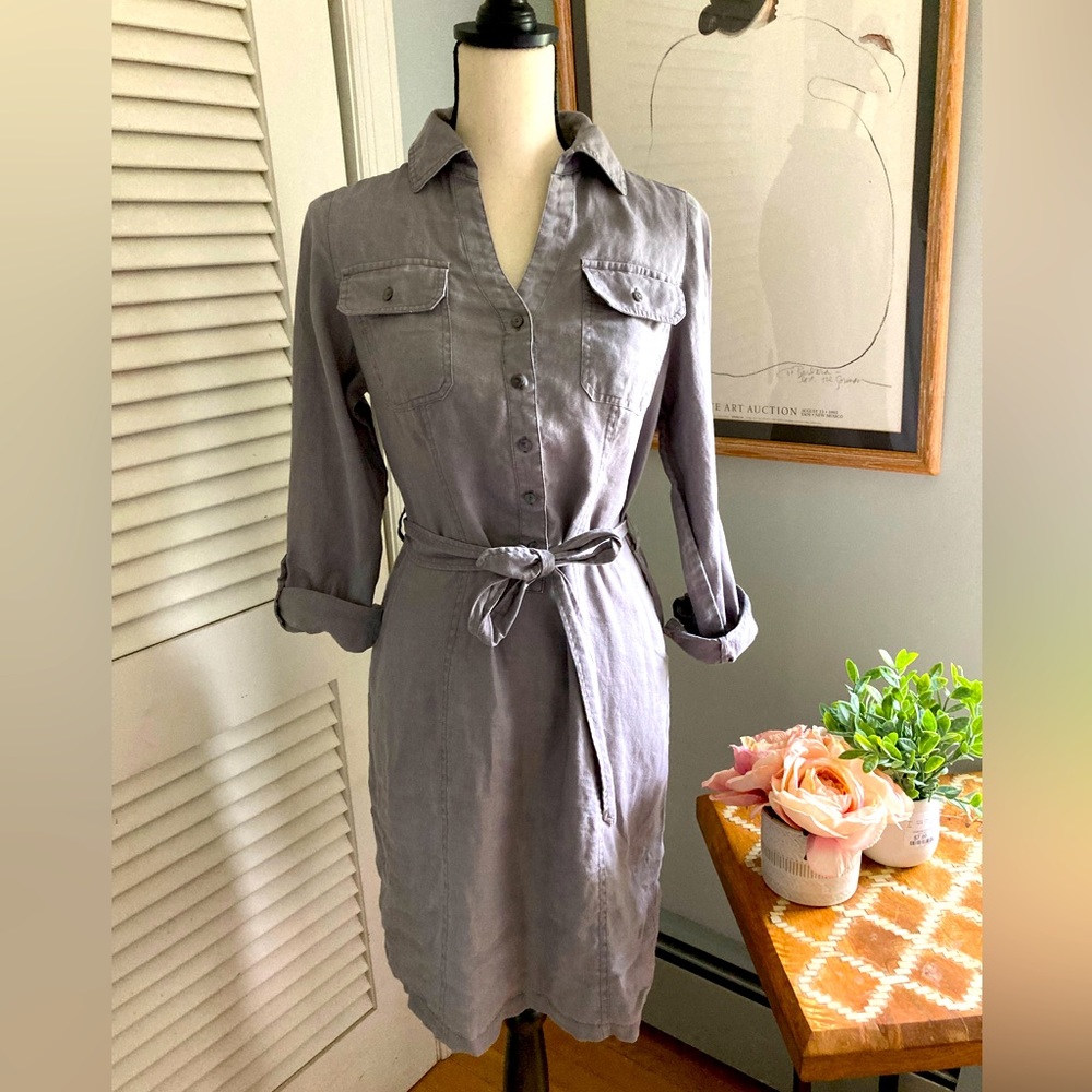 Button-Front Shirt Dress in Light Gray with Tie Waist